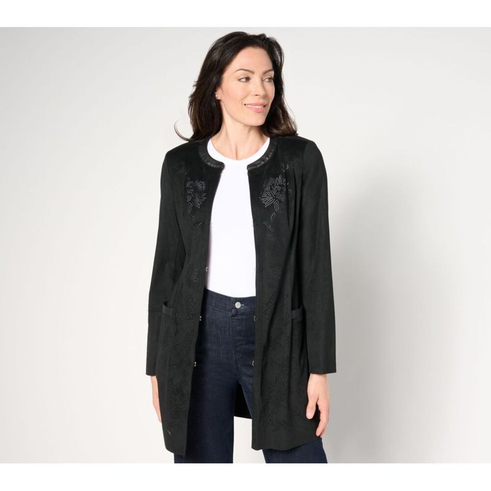 Isaac Mizrahi Live! Women's Plus Sz Jacket 1X Perforated Faux Suede Black